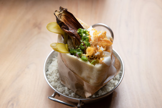 Plant-based sabich pita.
