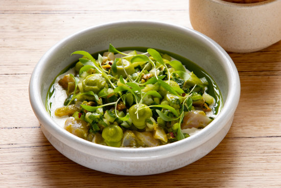 Trevally ceviche is served with pistachio pico verde.