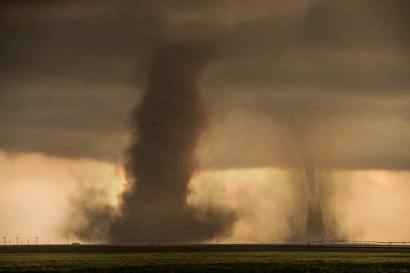 Twin tornados in Cope, Colorado, USA, 2018.