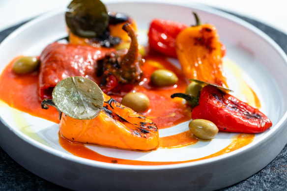 Lipstick peppers, red pepper oil, capers and olives.