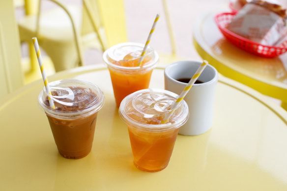 Iced oat latte, cascara tea, blood orange juice and coffee.