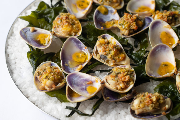 Clams casino features Goolwa pipis baked on their half-shells under  crunchy, garlicky guanciale-infused crumbs.
