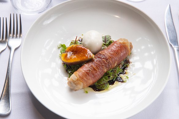Quail saltimbocca: prosciutto-wrapped quail sausage served with gorgonzola gelato and fig.