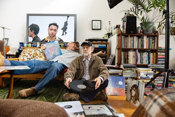 Guy Blackman and Ben O’Connor, owners of record label Chapter Music, surrounded by decades of indie ephemera. 