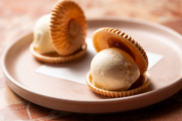 Squish the two halves of the miso caramel monaka together for a special ice-cream sandwich.