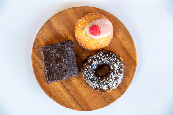 Sweet potato brownie, raspberry custard and lamington flavoured doughnuts at Comeco.