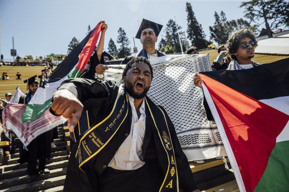 Pro-Palestinian students chants in protest during UC Berkeley’s commencement ceremony in Berkeley, California.
