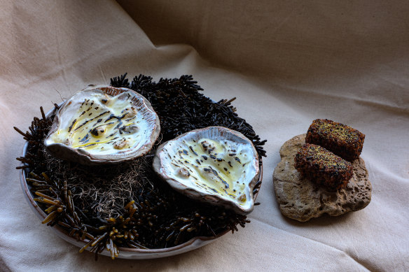 Native Angasi oyster with parsnip puree and yuzu agrumat.