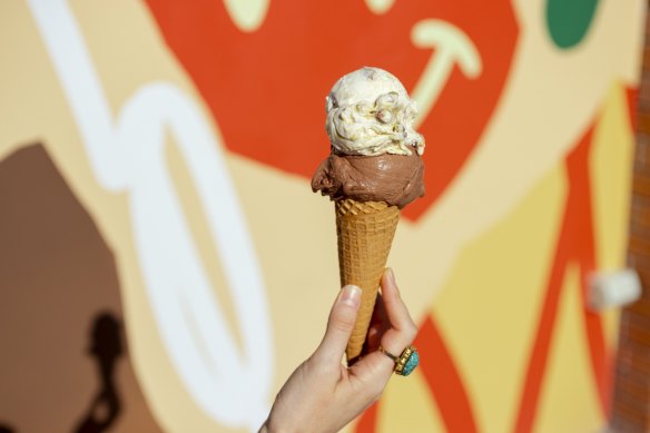 A hazelnut and pistachio praline cone.