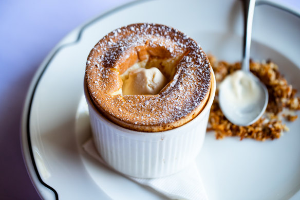 The light and tangy passionfruit souffle at Bistro Moncur.