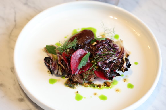 Wagyu ox tongue with treviso and beetroot.