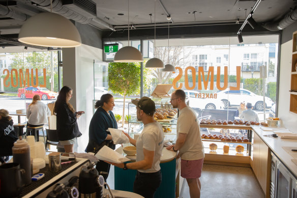Inside the cheery, luminous bakery.