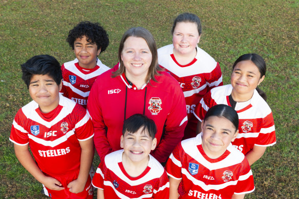 Doveton Steelers Rugby League Club secretary Sheelagh Howarth with junior players (far left, clockwise) Isaiah (8), Brooklyn (8), Evie (12), Lemafoe (9), Nani (9), and Campbell (8).
