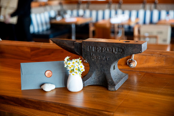 Bathers’ Pavillion head chef Cameron Johnston sourced an anvil from a mate. L’Enclume means anvil in French.