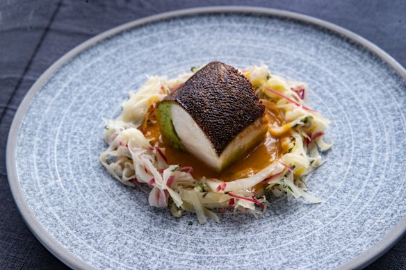 Steamed Murray cod with ginger flower sambal and green mango.