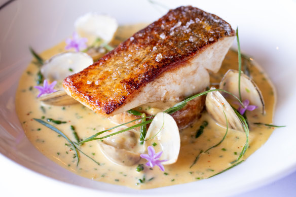 Aquna Murray cod, chickpea panisse, vongole and bourride sauce at Bistro Moncur.