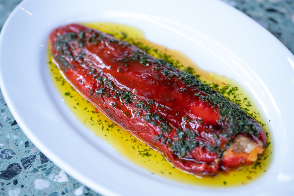 Bullhorn pepper stuffed with anchovy and salsa verde. 