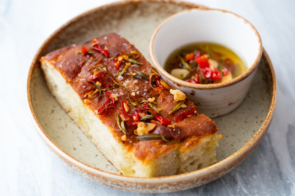 Focaccia served with chilli and rosemary oil.  