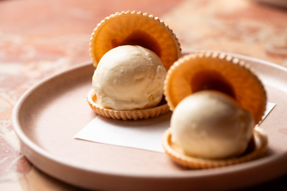 Press the wafers holding the vanilla bean ice-cream and miso caramel and presto, ice-cream sandwich.