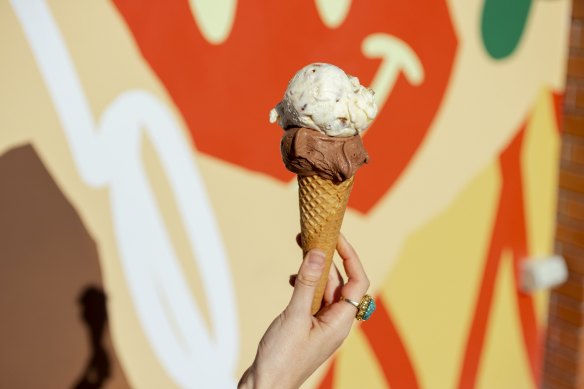 A hazelnut and pistachio praline cone.