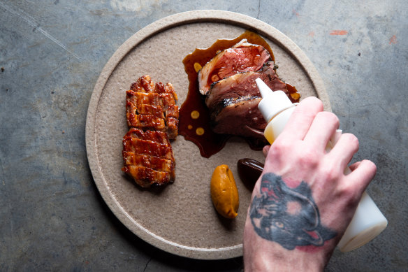 Margra lamb rump with glazed belly, pumpkin miso and black garlic.