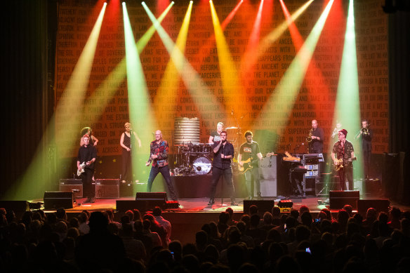 Midnight Oil performing to a sold-out crowd at the Enmore Theatre in 2021. 