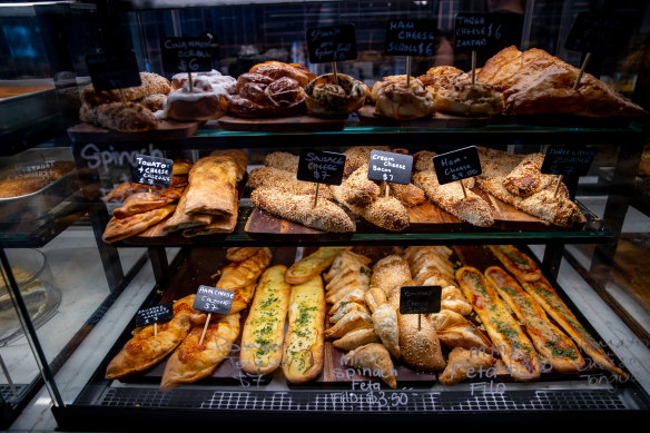 Breads and pastries on display.