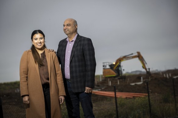 Gurpreet Verma and his daughter, Rhea Verma, at the site of Rhea’s future home in Thornhill Gardens, part of the fastest growing suburb in Australia.