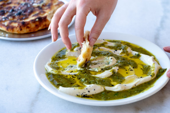 Tahini with fermented green chillies and flatbread.