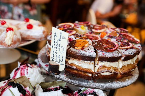Blood orange upside down cake with rose and sea salt at Cherry Moon General Store, Annandale.