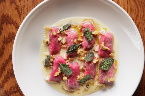 Beetroot and ricotta agnolotti.