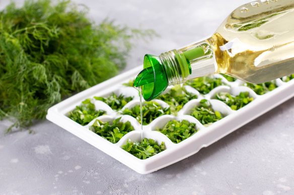 Freeze herbs in ice cube trays with olive oil to put straight into sauces and soups.