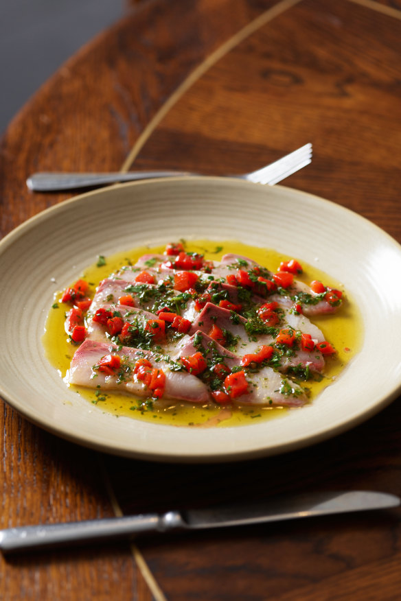 Kingfish crudo with roast capsicum. 