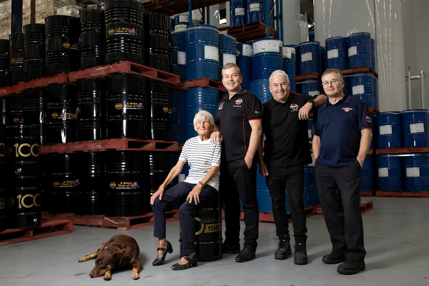 A portrait of the Dymond family, the faces behind Penrite. Pictured is mother Margaret Dymond with sons Toby Dymond and brothers Jon and Nigel Dymond at one of Penrite’s physical locations. All smiles for the Dymond family as they make their 2025 Australian Rich List debut.