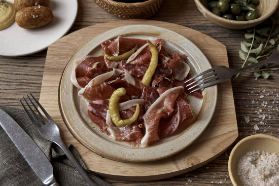 Jamon Iberico, petit bosque and guindillas from Iberica.