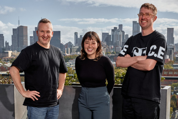 Mulberry Group founder Nathan Toleman with bar manager Kayla Saito and chef Aleksis Kalnins on the Molli rooftop.