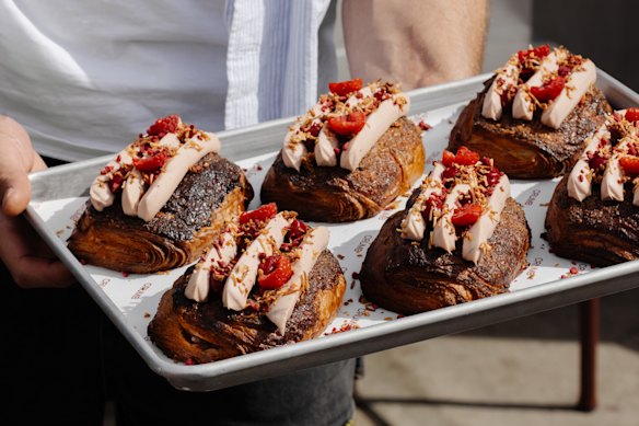 Raspberry, cheesecake and toasted coconut pastries at Crumb.