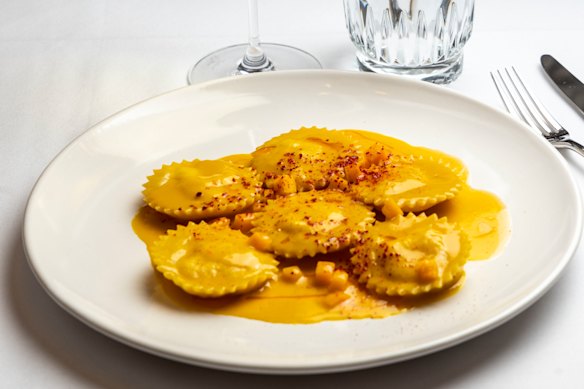 Spanner crab ravioli with pumpkin bisque.