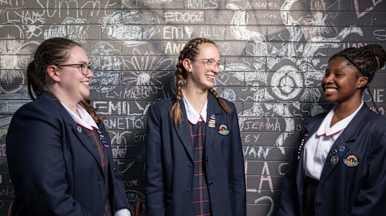 Students at St Patricks College in Campbelltown for a story about schools which are single sex do better in NAPLAN results. From left, Rebecca, Abigail and Diadem. 