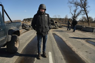Anthony Galloway on the front line in a village east of Kyiv.