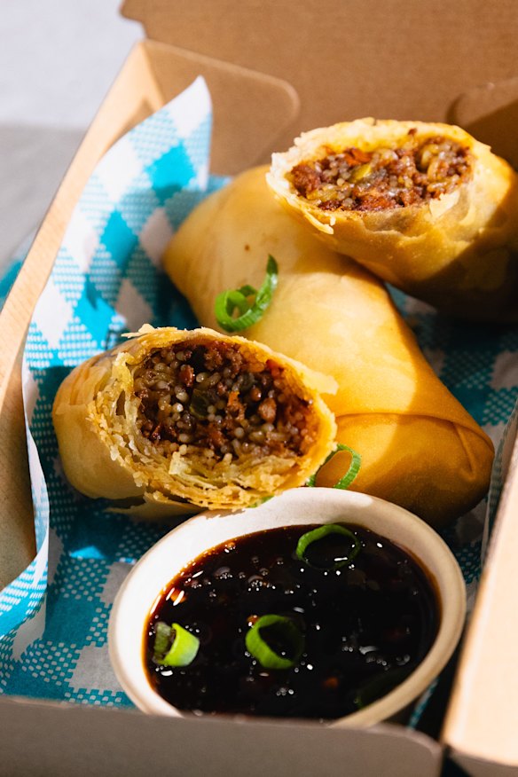Polynesian-style chop suey spring rolls. 