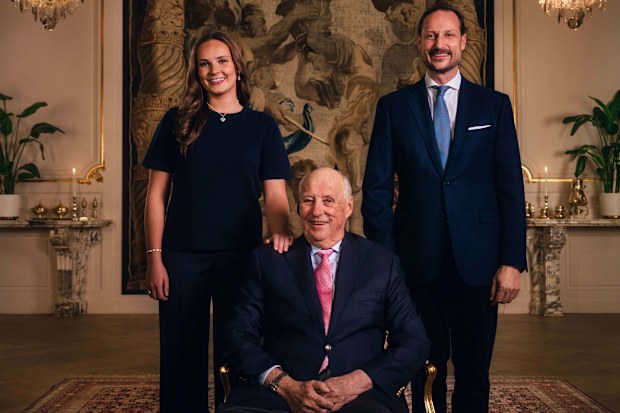 King Harald of Norway pictured for his 89th birthday (on February 21, 2026) with Crown Prince Haakon and Princess Ingrid Alexandra, Norwegian royal family line of succession.