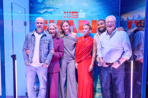 The cast of Shark! poses together launch event in Sydney May 2026; including Matt Nable, Lynne McGranger, Ariarne Titmus, Tammy Hembrow, Sam Thaiday and Scott Cam