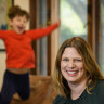 Kate Ellis and some Sam, five, at home in Adelaide this week.