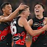 Angus Clarke of the Bombers celebrates a goal.