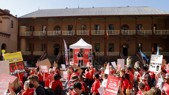 School teachers march along Macquarie Street in May. 