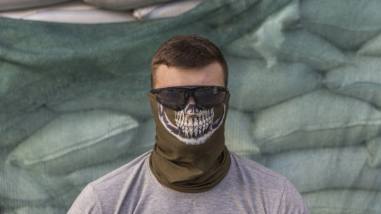 A member of the Ukrainian underground resistance, code-named Svarog, who was made available for an interview by the Ukrainian military, in southeastern Ukraine.