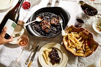 Grill-striped oyster mushroom “steaks” are served with sauce au poivre.