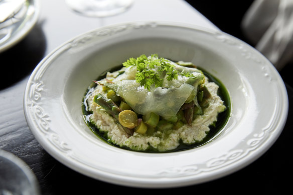 Almond ricotta with asparagus, melon and parsley oil.