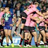 The Panthers celebrate a Blaize Talagi try.